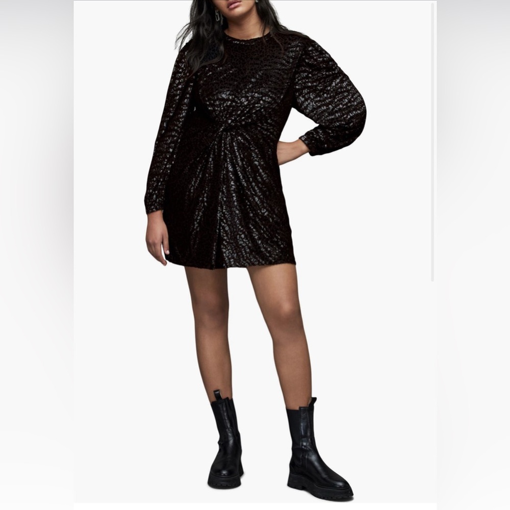 All Saints Jemima Velvet Sparkle Animal (Leopard) Print Long-sleeve Minidress